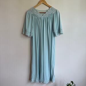 1970's Vintage Shadowline Light Blue Nylon Nightgown Lace Embroidery Size S